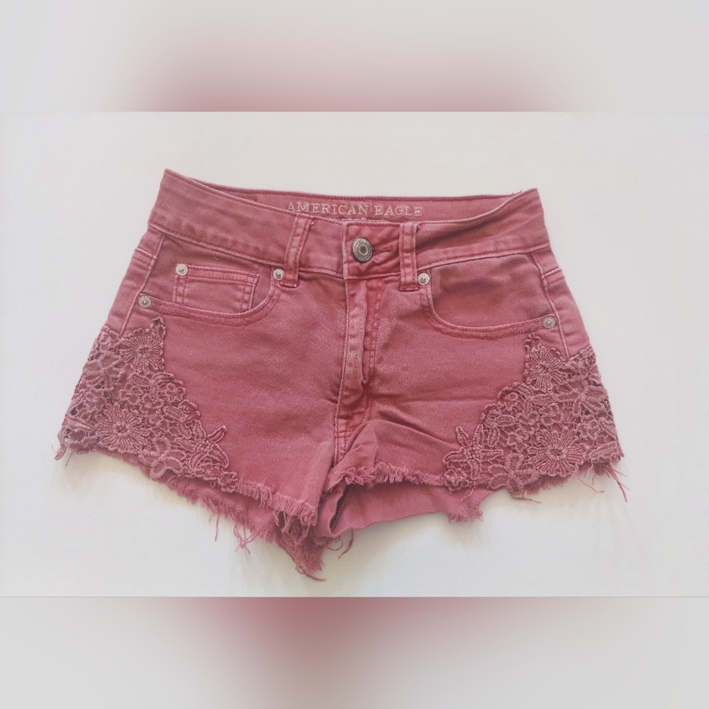 American Eagle Hi-Rise Festival Lace Denim Cutoff Shorts Pink Womens Size 00